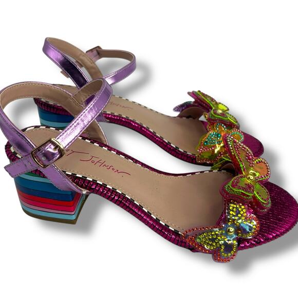 Betsey Johnson Rainbow Sequin Butterfly Heels Size 7 Pink Embellished Sandals - Picture 1 of 14